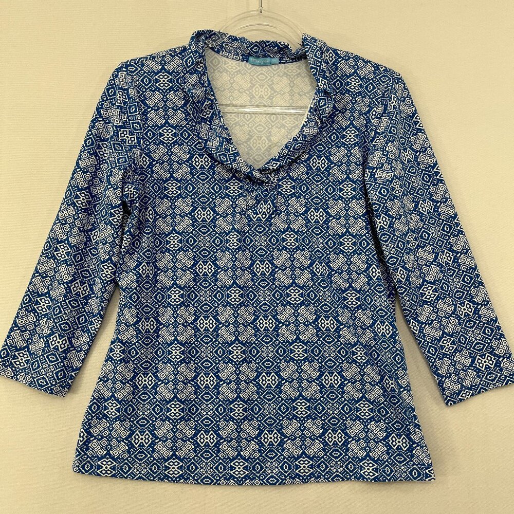 J. McLaughlin Top Medium Blue Geometric Stretch Catalina Cloth Stretch Elegant